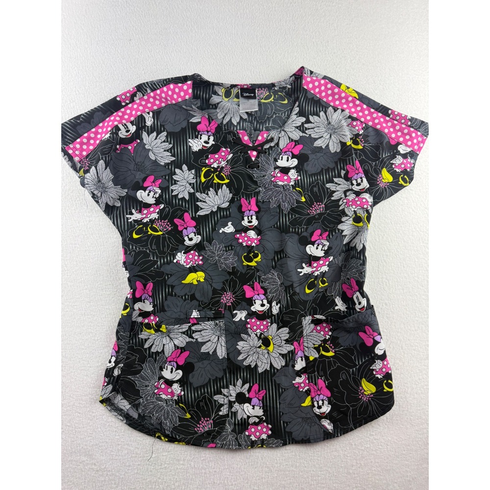 Disney Minnie Mouse Floral Lace Up V-Neck Scrub Top Black Pink Small